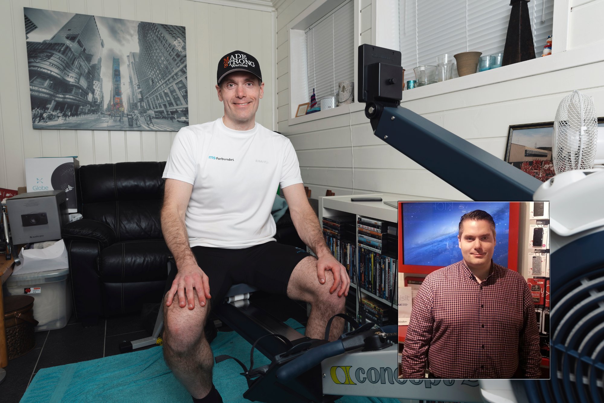 Man on Rower with Before Photo of when he did not row